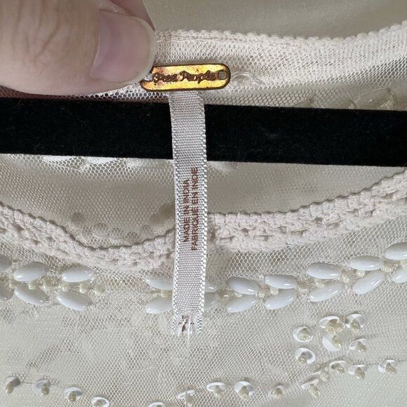 Free People Top Womens Cream Sheer Beaded Mesh Boho Lace Top Size M NWT Boho - Picture 6 of 11